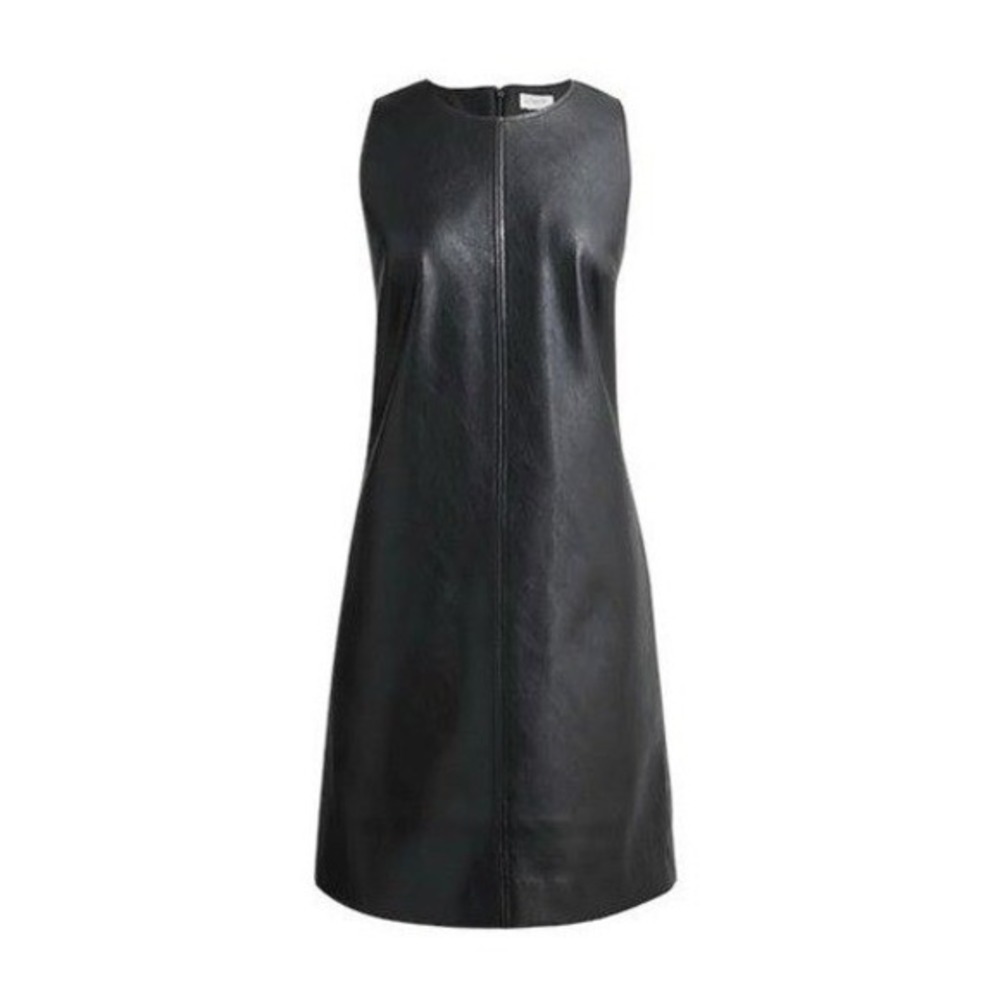 J. Crew Vegan Leather Shift Dress Black Sleeveless High Neck Classic O - Picture 2 of 8